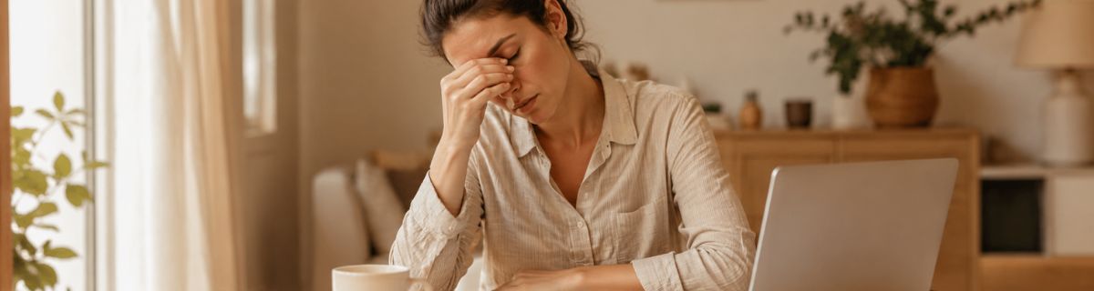 Persona en casa con gesto de cansancio y falta de energ&iacute;a al final del d&iacute;a
